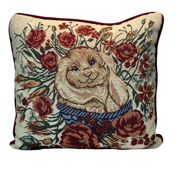 Rabbit & Floral Tapestry Throw Pillow Cover With Burgundy Trim 18x18 Inches - Picture 10 of 11